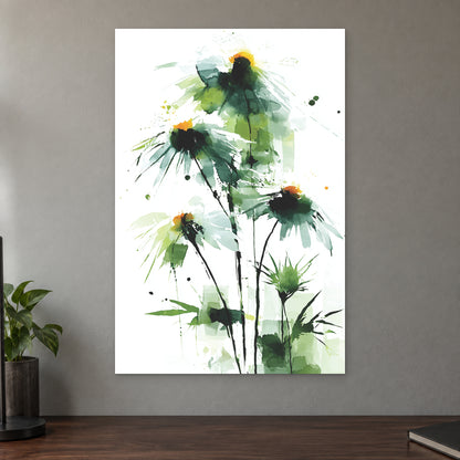 Wild Daisies Botanical Green canvas wall art on a taupe wall above a dark walnut sideboard with a potted plant