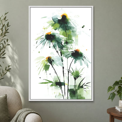 Wild Daisies Botanical Green framed canvas in a white floating frame on a sage green wall beside a cream armchair