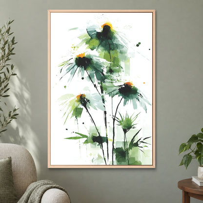Wild Daisies Botanical Green framed canvas in a natural wood floating frame on a sage green wall beside a cream armchair