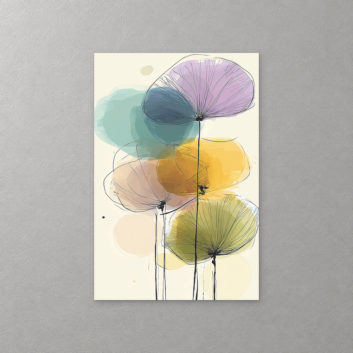 Round seed heads in lilac, blue, teal and mustard float on thin stems over a cream ground, outlined in fine black line — canvas wall art print