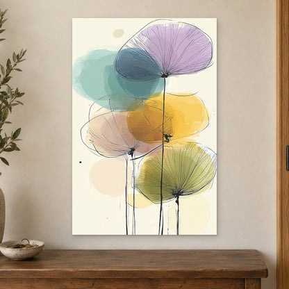 Seed Heads and Soft Circles canvas wall art on a cream wall above a wooden sideboard beside a door frame