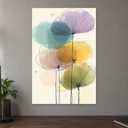 Seed Heads and Soft Circles canvas wall art on a taupe wall above a dark walnut sideboard with a potted plant