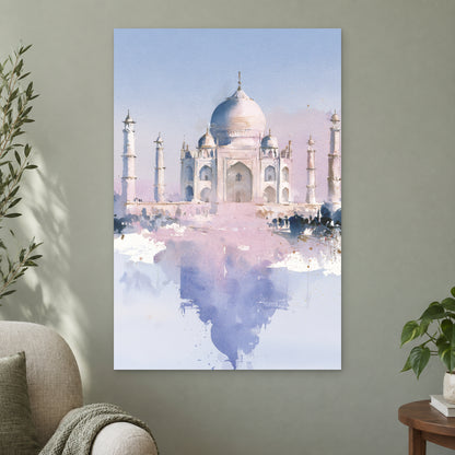 Taj Mahal Soft Watercolour canvas wall art on a sage green wall beside a cream armchair