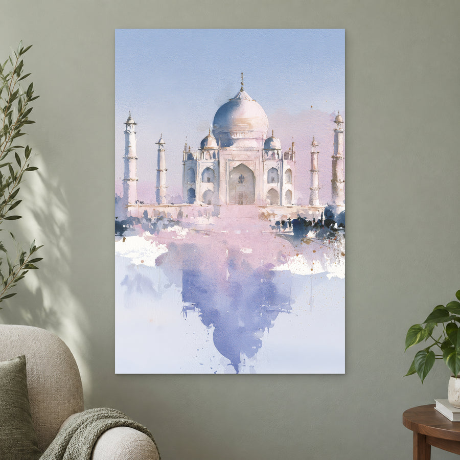 Taj Mahal Soft Watercolour canvas wall art on a sage green wall beside a cream armchair