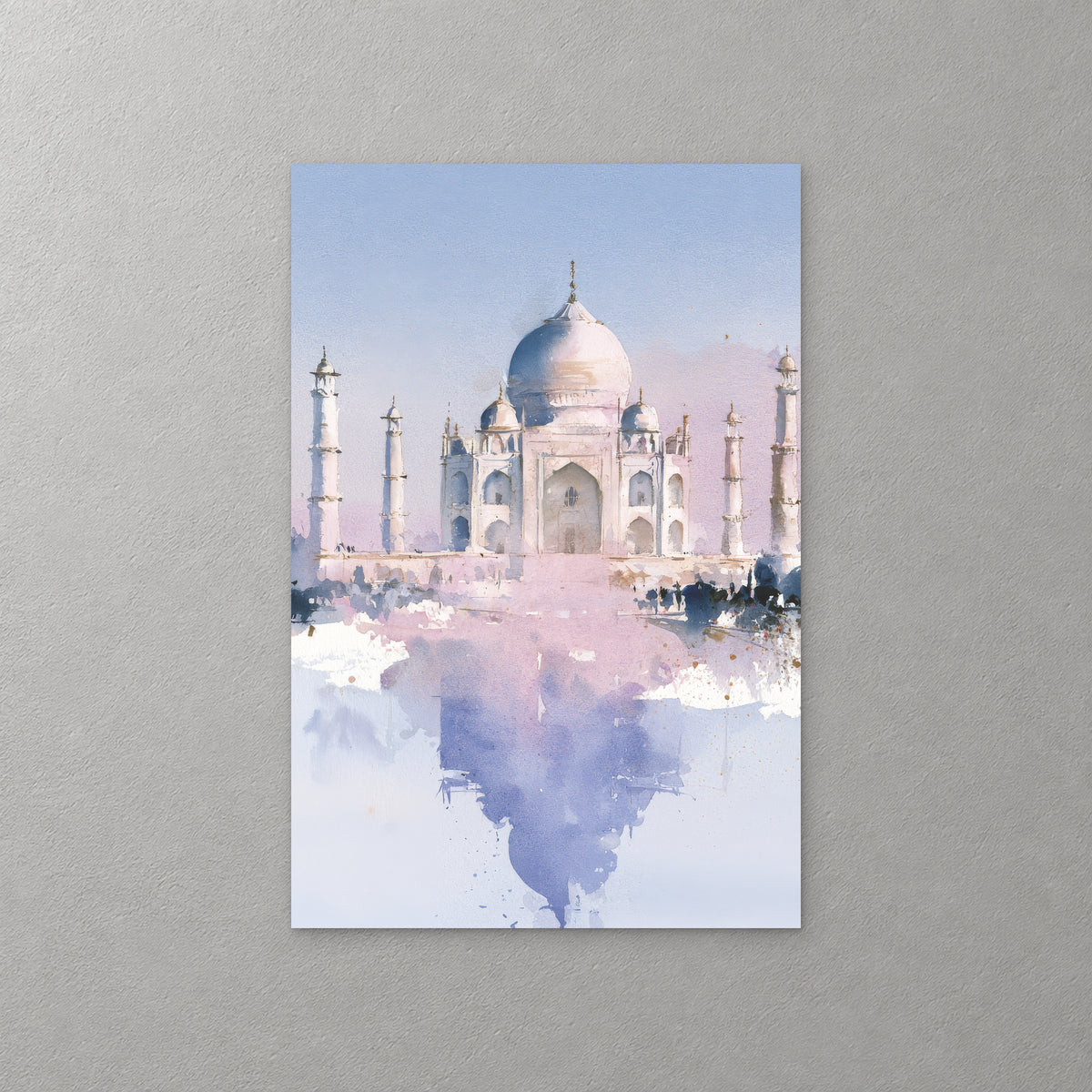 The Taj Mahal glows in soft pink and white above its long lilac reflection, with minarets on either side under a pale blue sky, in loose watercolour — canvas wall art print