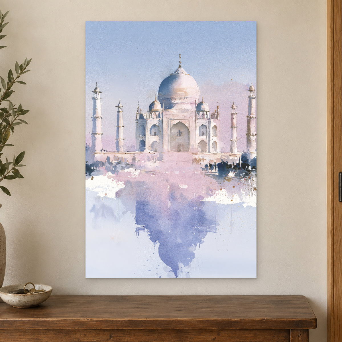 Taj Mahal Soft Watercolour canvas wall art on a cream wall above a wooden sideboard beside a door frame