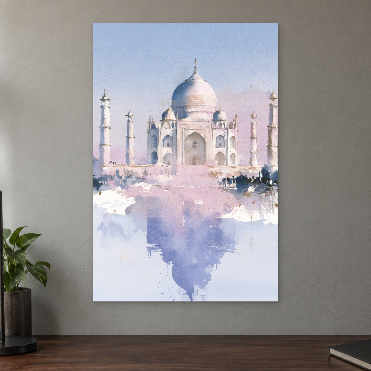 Taj Mahal Soft Watercolour canvas wall art on a taupe wall above a dark walnut sideboard with a potted plant