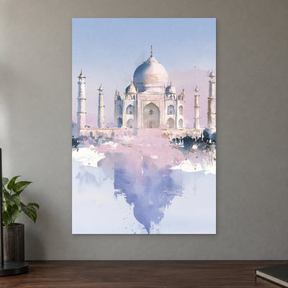 Taj Mahal Soft Watercolour canvas wall art on a taupe wall above a dark walnut sideboard with a potted plant