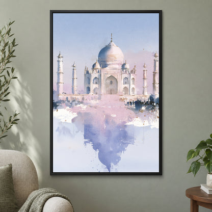 Taj Mahal Soft Watercolour framed canvas in a black floating frame on a sage green wall beside a cream armchair