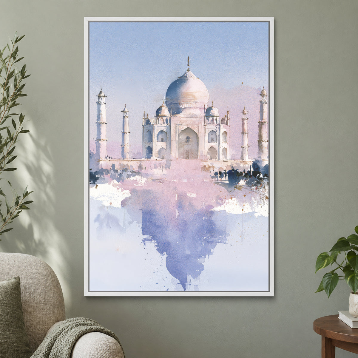Taj Mahal Soft Watercolour framed canvas in a white floating frame on a sage green wall beside a cream armchair