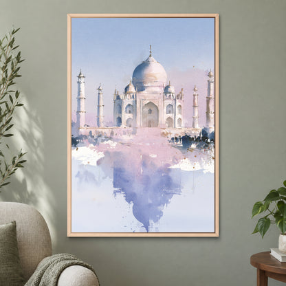 Taj Mahal Soft Watercolour framed canvas in a natural wood floating frame on a sage green wall beside a cream armchair