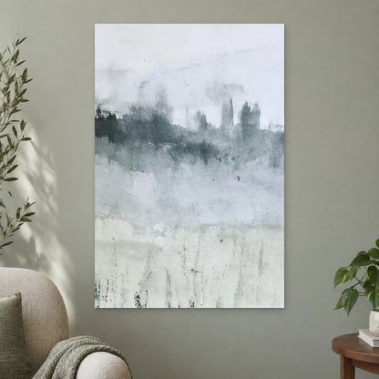 Misty Treeline Minimalist canvas wall art on a sage green wall beside a cream armchair