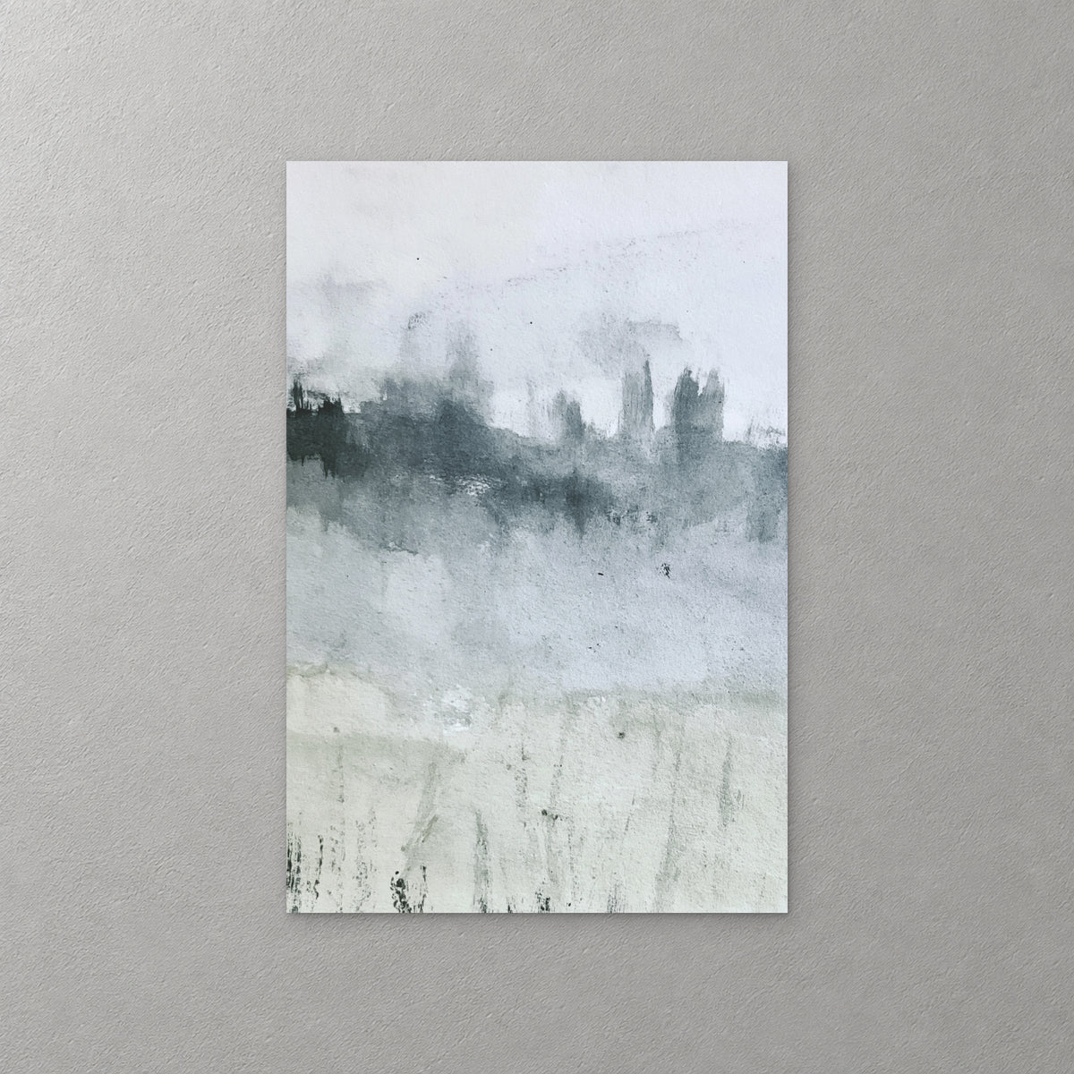 A dark, misty treeline runs across the middle of a pale grey landscape, with faint grasses in the soft sage foreground — canvas wall art print