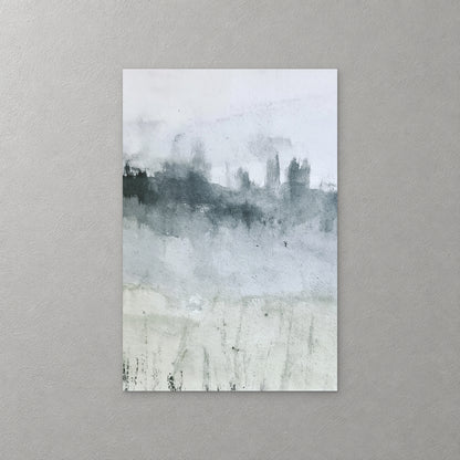 A dark, misty treeline runs across the middle of a pale grey landscape, with faint grasses in the soft sage foreground — canvas wall art print
