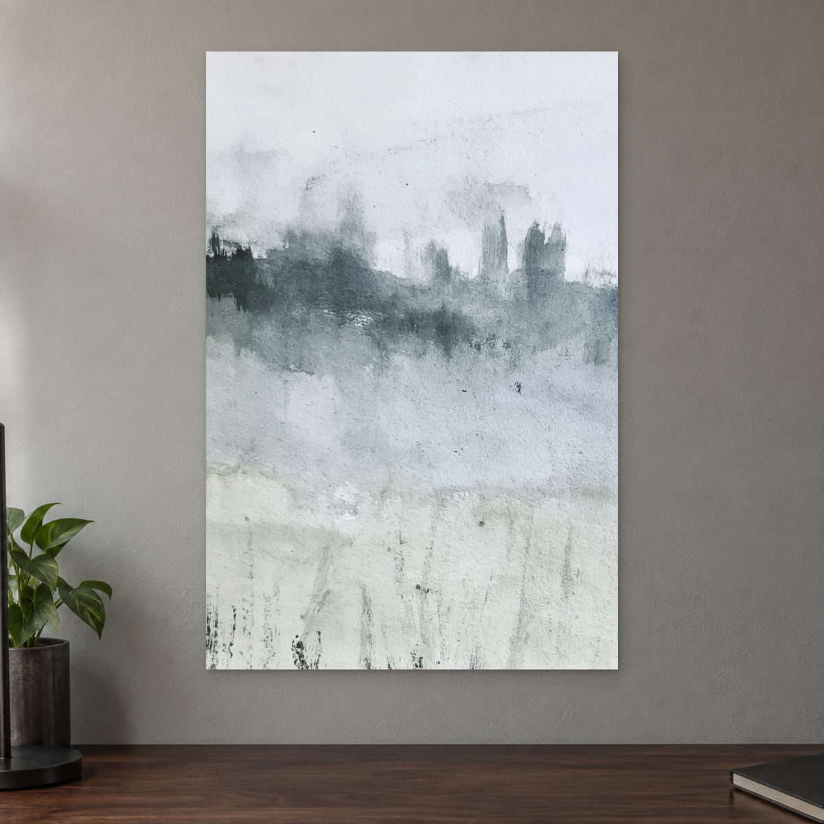 Misty Treeline Minimalist canvas wall art on a taupe wall above a dark walnut sideboard with a potted plant