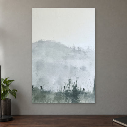 Posts Along the Hedgerow canvas wall art on a taupe wall above a dark walnut sideboard with a potted plant