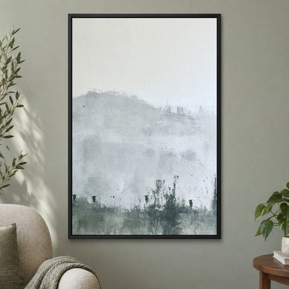 Posts Along the Hedgerow framed canvas in a black floating frame on a sage green wall beside a cream armchair