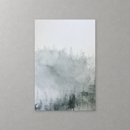 Trees dissolve into drifting grey mist above a dark, broken line of grass and posts, in loose grey washes — canvas wall art print