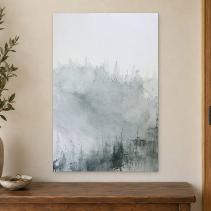 Where the Trees Dissolve canvas wall art on a cream wall above a wooden sideboard beside a door frame