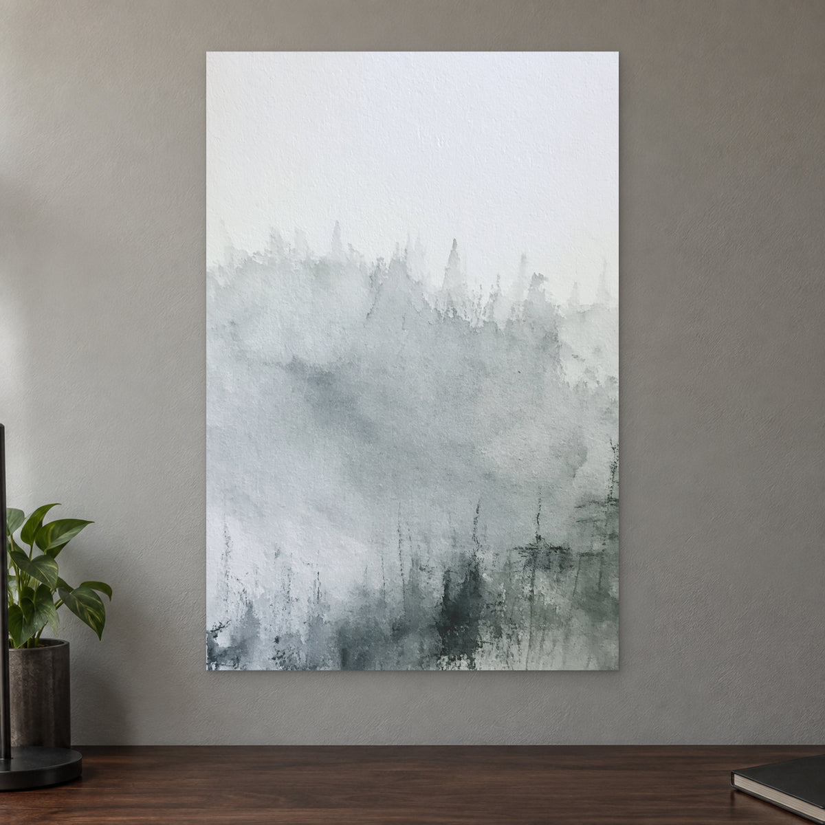 Where the Trees Dissolve canvas wall art on a taupe wall above a dark walnut sideboard with a potted plant