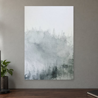 Where the Trees Dissolve canvas wall art on a taupe wall above a dark walnut sideboard with a potted plant