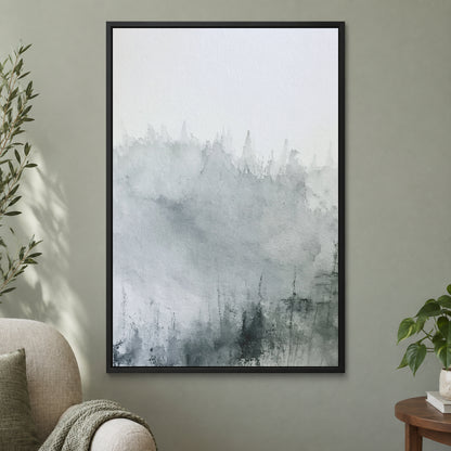 Where the Trees Dissolve framed canvas in a black floating frame on a sage green wall beside a cream armchair