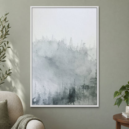 Where the Trees Dissolve framed canvas in a white floating frame on a sage green wall beside a cream armchair