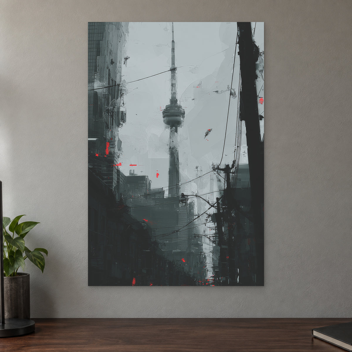 Toronto CN Tower Street View canvas wall art on a taupe wall above a dark walnut sideboard with a potted plant