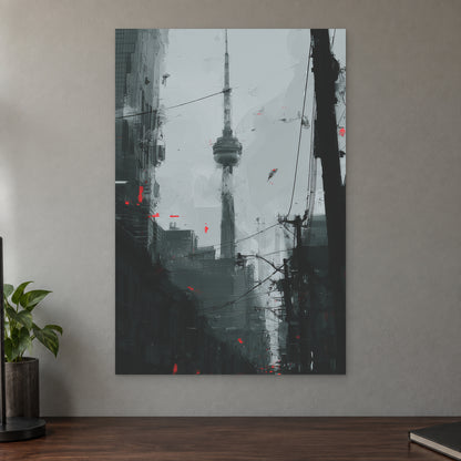 Toronto CN Tower Street View canvas wall art on a taupe wall above a dark walnut sideboard with a potted plant