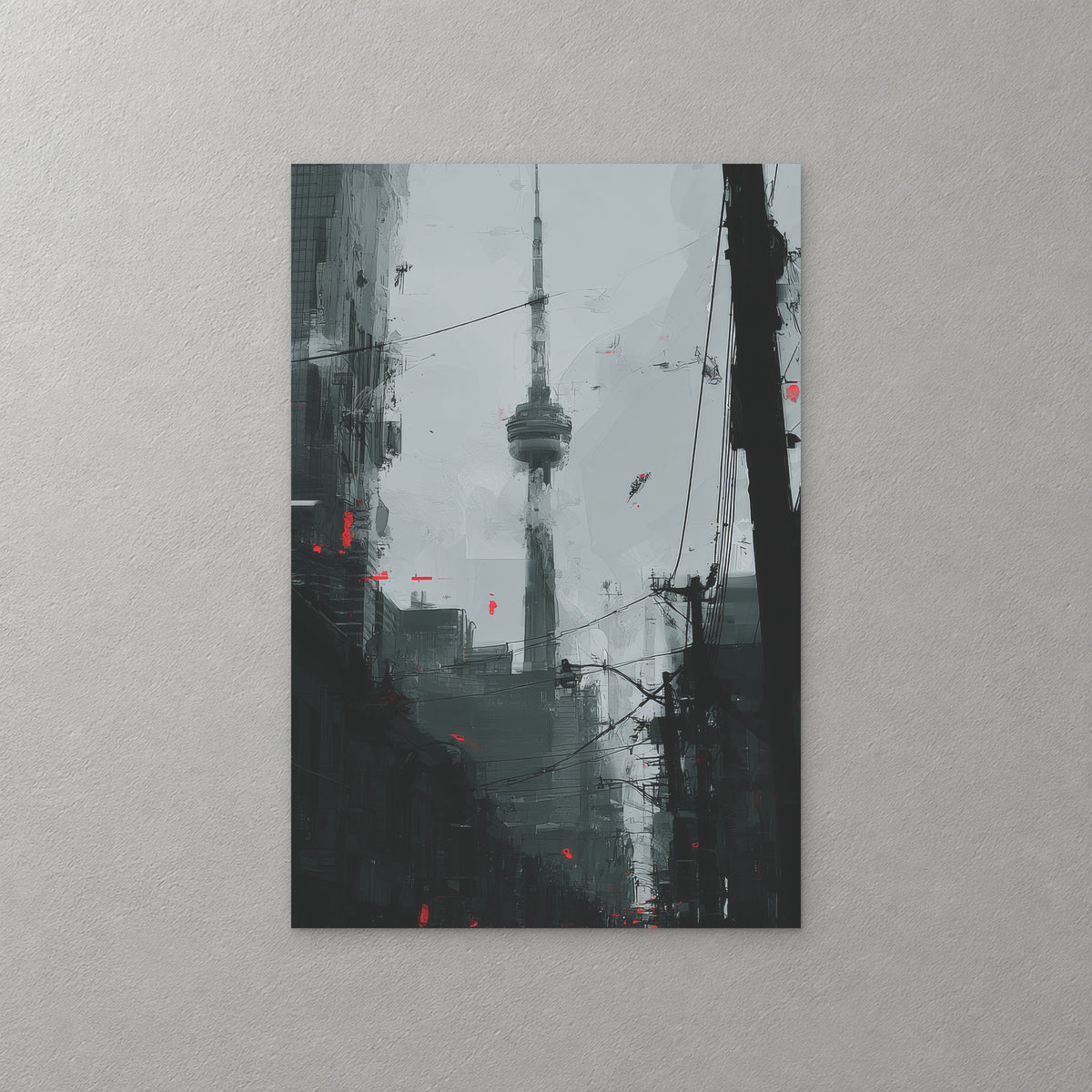 The CN Tower rises at the end of a shadowy Toronto street, framed by dark buildings and power lines, with small flecks of red — canvas wall art print