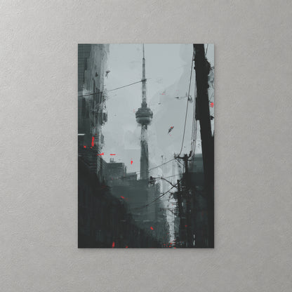 The CN Tower rises at the end of a shadowy Toronto street, framed by dark buildings and power lines, with small flecks of red — canvas wall art print