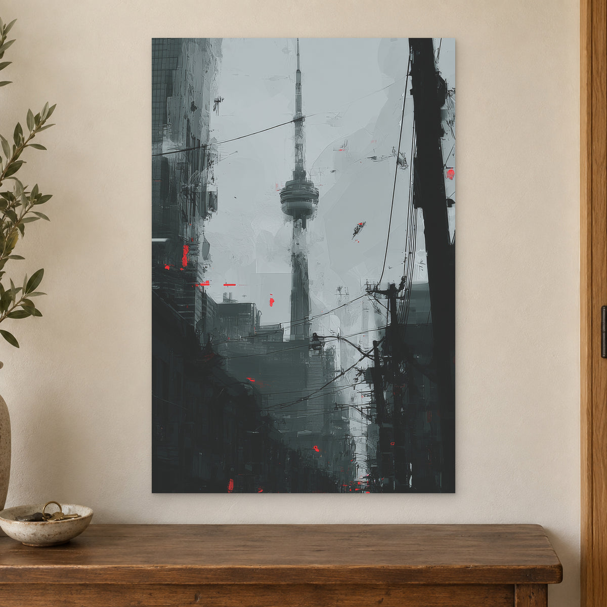 Toronto CN Tower Street View canvas wall art on a cream wall above a wooden sideboard beside a door frame