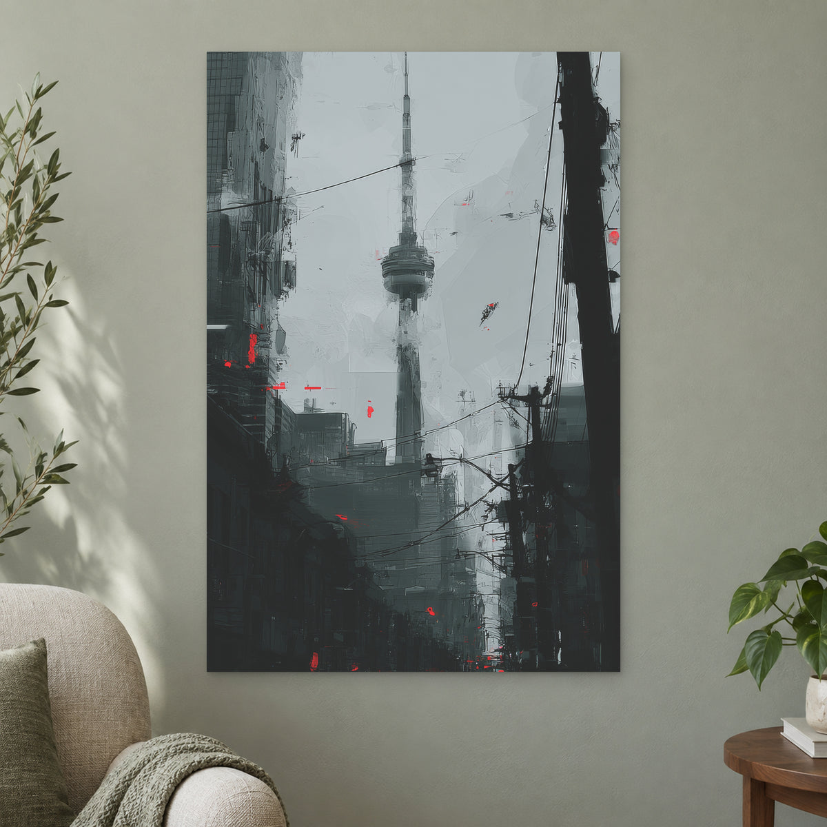 Toronto CN Tower Street View canvas wall art on a sage green wall beside a cream armchair