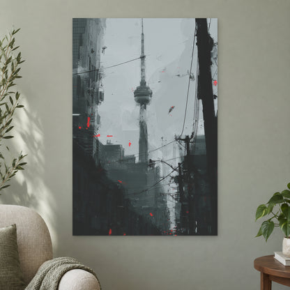 Toronto CN Tower Street View canvas wall art on a sage green wall beside a cream armchair