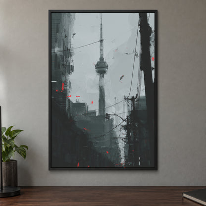 Toronto CN Tower Street View framed canvas in a black floating frame on a taupe wall above a dark walnut sideboard with a potted plant