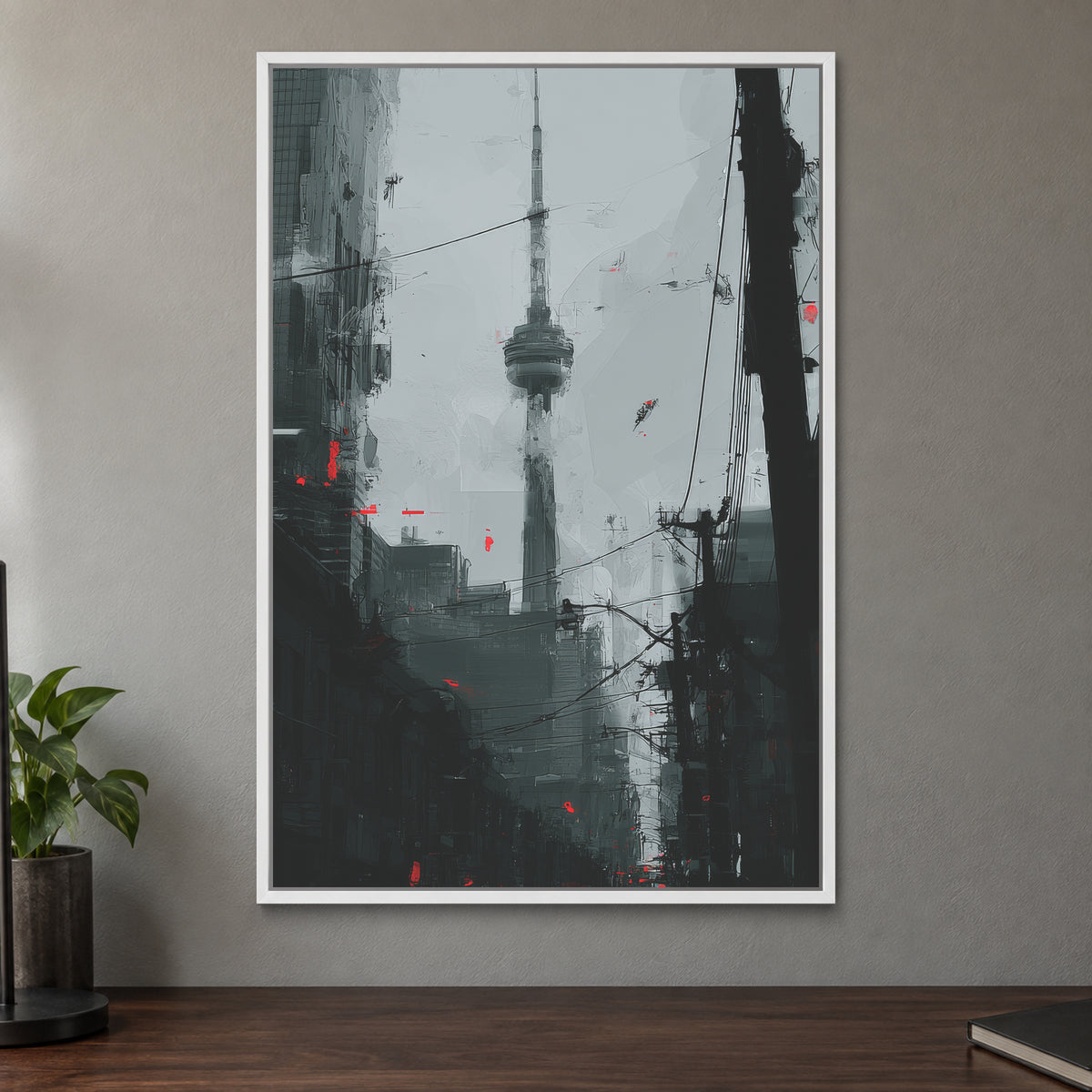 Toronto CN Tower Street View framed canvas in a white floating frame on a taupe wall above a dark walnut sideboard with a potted plant