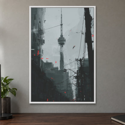 Toronto CN Tower Street View framed canvas in a white floating frame on a taupe wall above a dark walnut sideboard with a potted plant