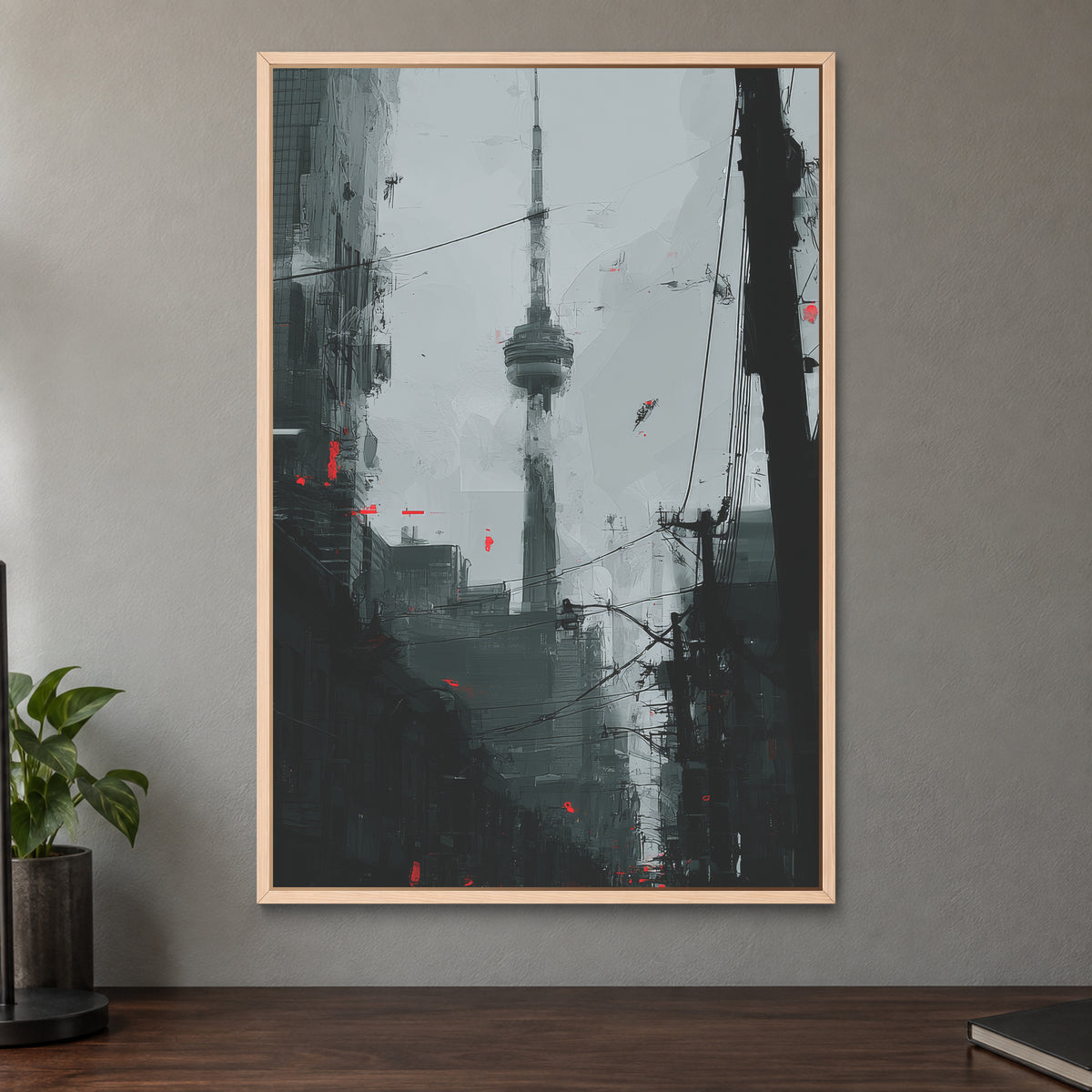 Toronto CN Tower Street View framed canvas in a natural wood floating frame on a taupe wall above a dark walnut sideboard with a potted plant