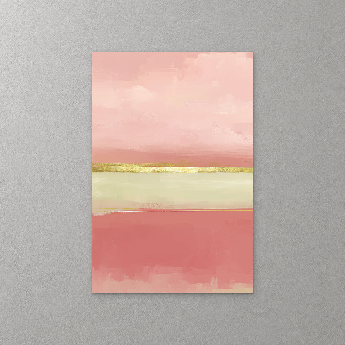 Wide bands of blush pink and coral sit above and below a pale sage stripe edged with a thin gold line — canvas wall art print