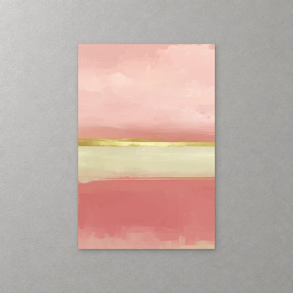 Wide bands of blush pink and coral sit above and below a pale sage stripe edged with a thin gold line — canvas wall art print