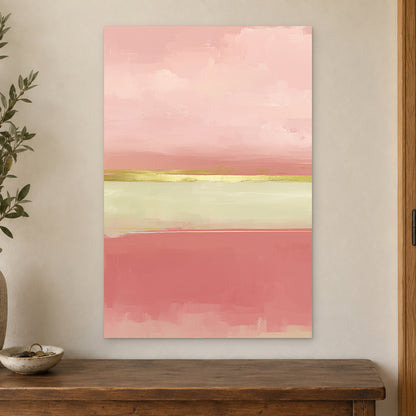 Blush Bands and a Gold Seam canvas wall art on a cream wall above a wooden sideboard beside a door frame