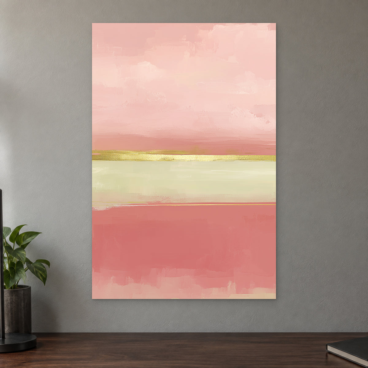 Blush Bands and a Gold Seam canvas wall art on a taupe wall above a dark walnut sideboard with a potted plant