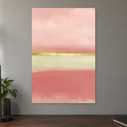 Blush Bands and a Gold Seam canvas wall art on a taupe wall above a dark walnut sideboard with a potted plant