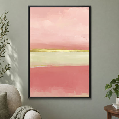 Blush Bands and a Gold Seam framed canvas in a black floating frame on a sage green wall beside a cream armchair
