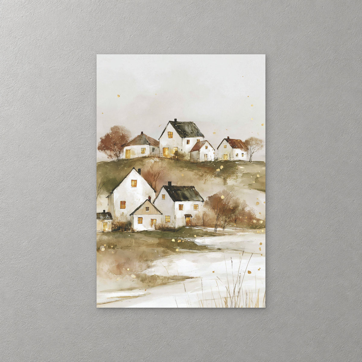White prairie farmhouses with warm lit windows sit on a snowy slope under a soft grey sky, with rust-coloured trees and pale grasses — canvas wall art print