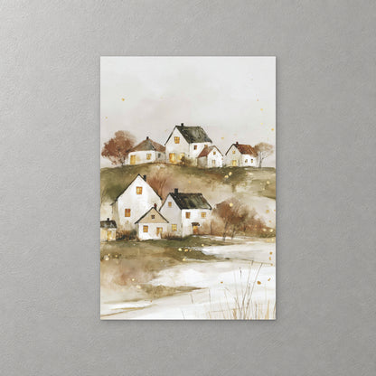 White prairie farmhouses with warm lit windows sit on a snowy slope under a soft grey sky, with rust-coloured trees and pale grasses — canvas wall art print