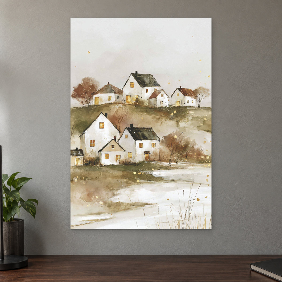 Canadian Prairie Farmhouses Winter canvas wall art on a taupe wall above a dark walnut sideboard with a potted plant