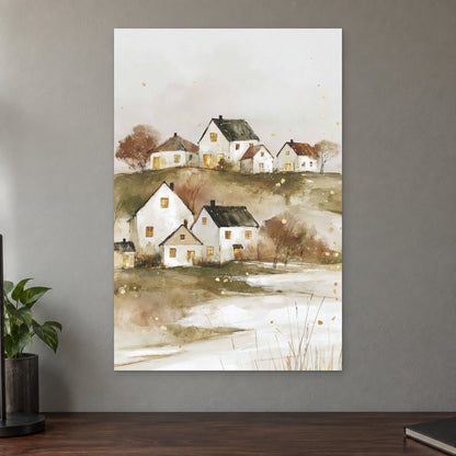 Canadian Prairie Farmhouses Winter canvas wall art on a taupe wall above a dark walnut sideboard with a potted plant