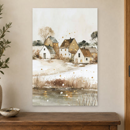 Prairie Farmhouse Frozen Lake canvas wall art on a cream wall above a wooden sideboard beside a door frame