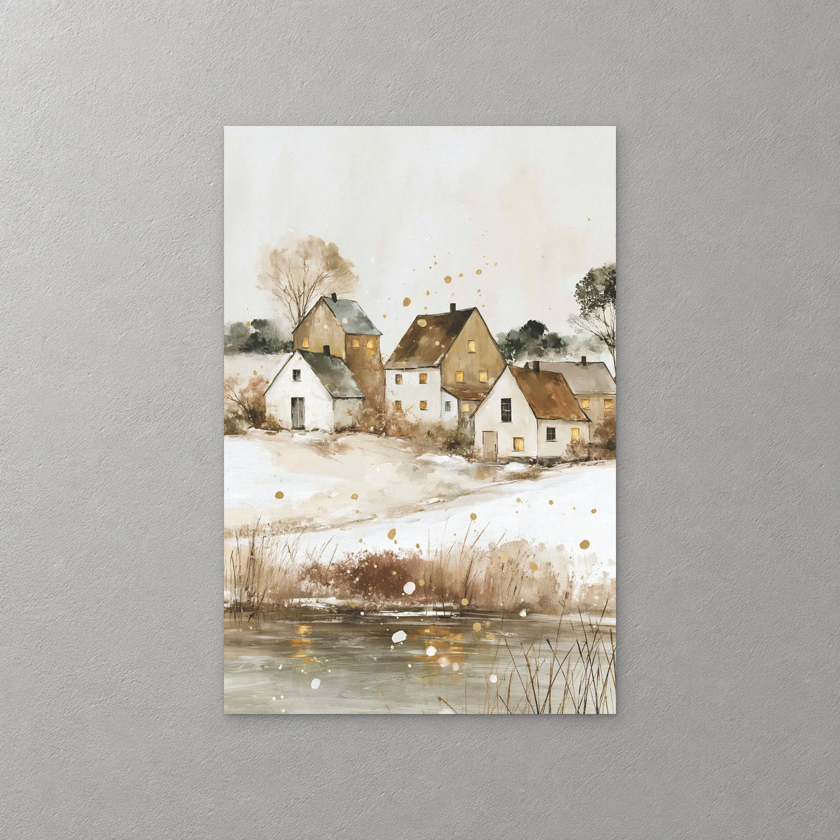 A cluster of white and ochre farmhouses sits above a frozen pond edged with rust-coloured reeds, under a pale winter sky — canvas wall art print